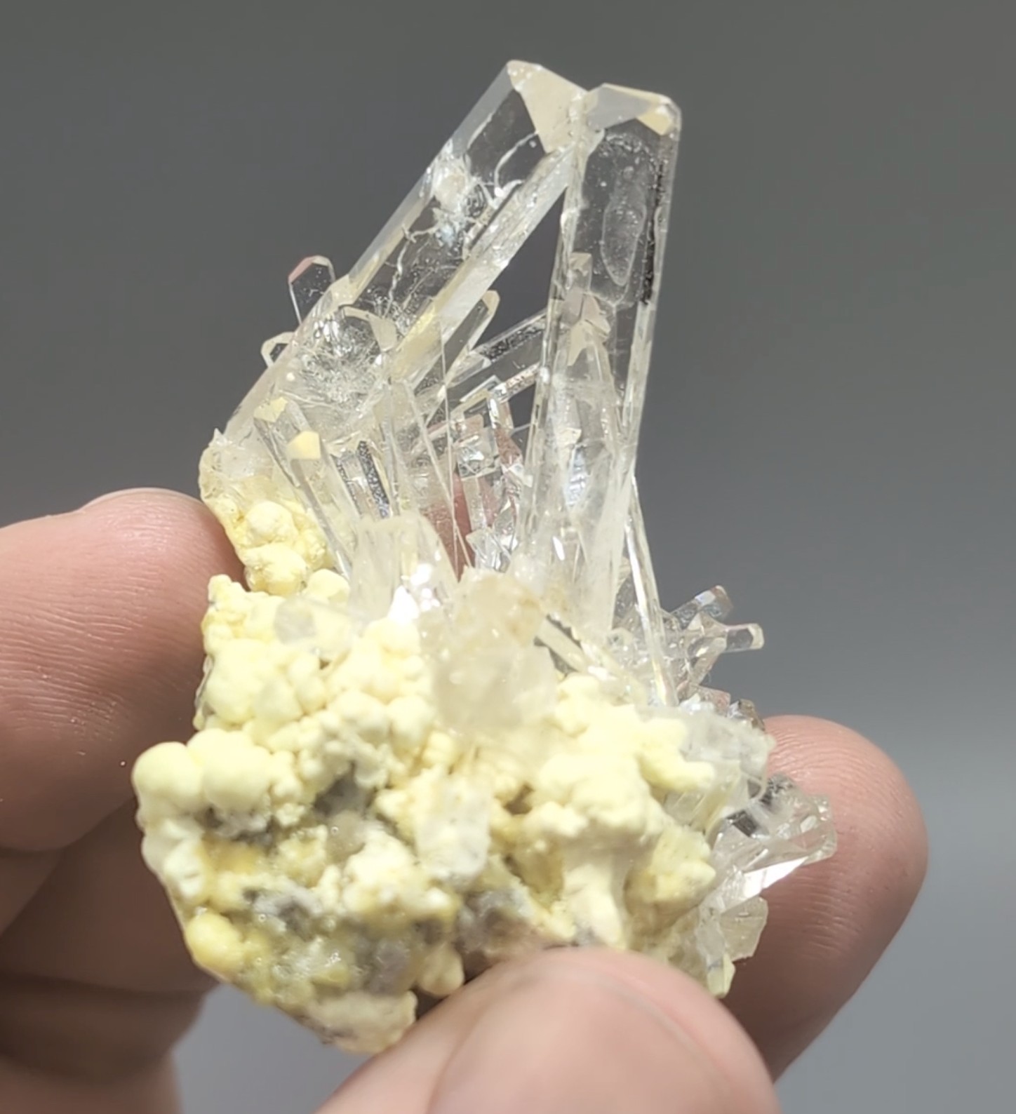 Celestine - Water-Clear Radiating Cluster on Native Sulphur, Machów Mine, Poland